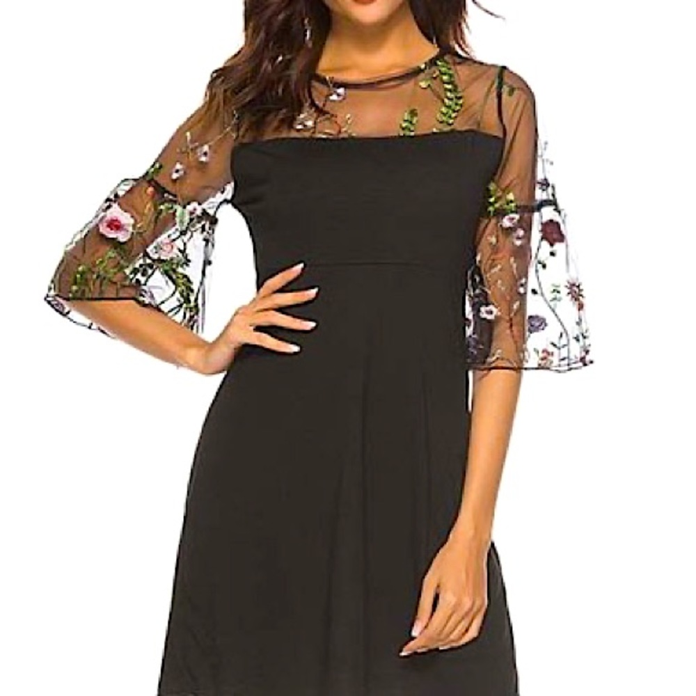 Black midi dress with floral appliqué